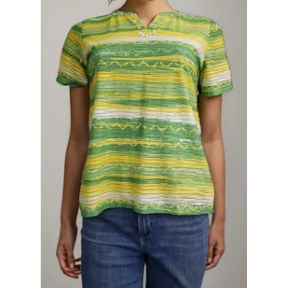 Alfred Dunner Woman 1X Green Yellow Striped Sequin Split Neck Short Sleeve Top